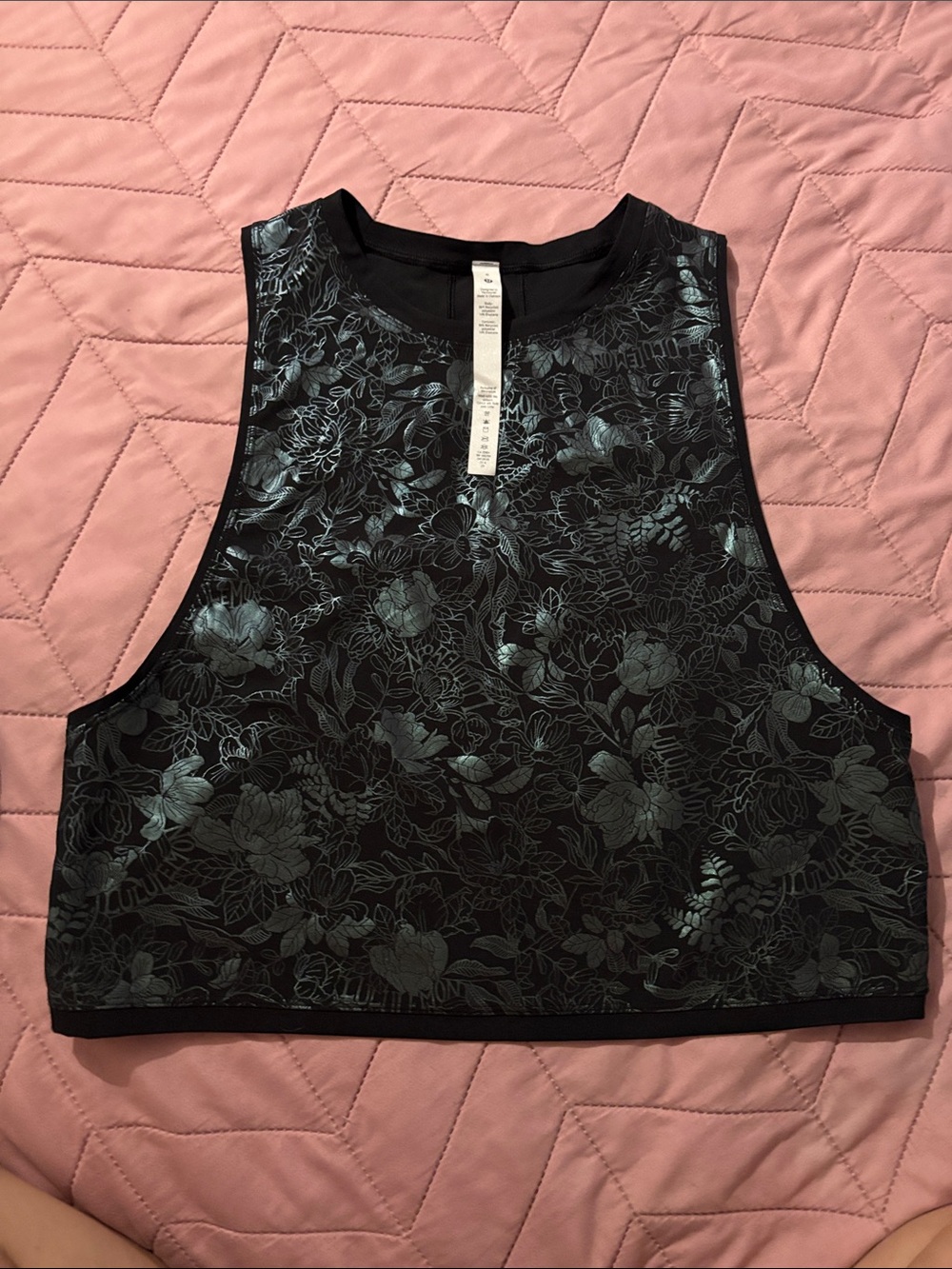 lululemon athletica Black Floral Crop Tank with Metallic Print